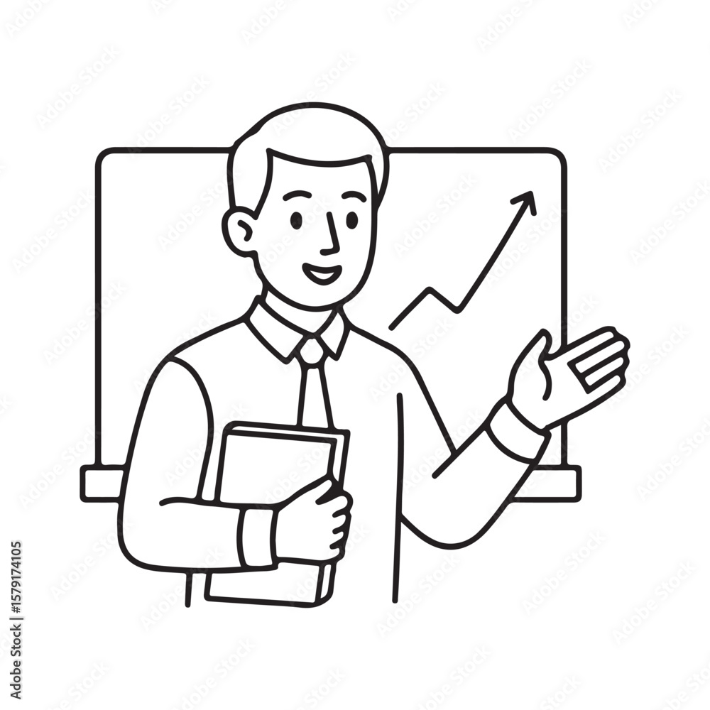 Illustration of a black and white line teacher with a textbook and a blackboard Illustration of a black and white line teacher with a textbook and a blackboard