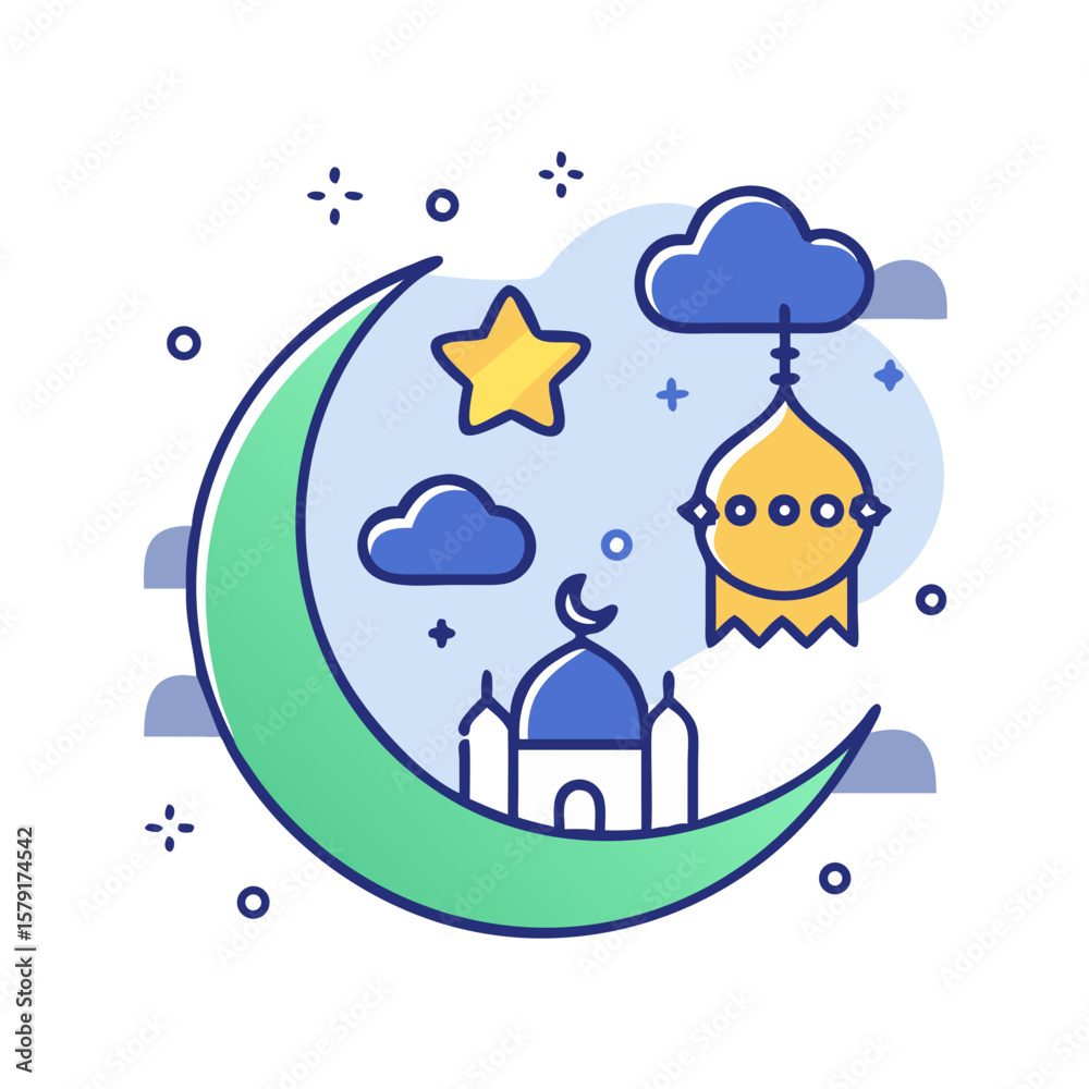 Obraz premium Eid Mubarak Crescent Moon with Mosque, Star, Lantern and Clouds Illustration