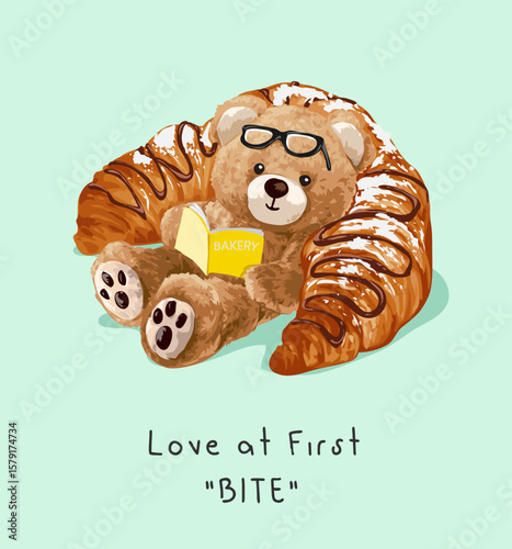 bear doll reading a book on croissant vector illustration