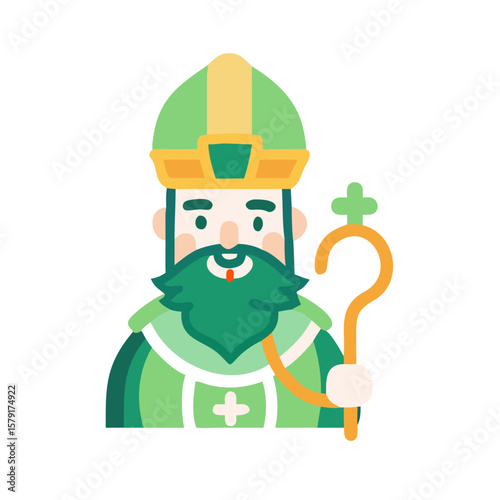 Stylized vector graphic of Saint Patrick wearing green robes and hat