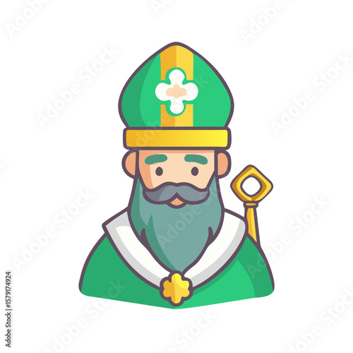 Cartoon illustration of Saint Patrick, wearing a mitre and holding a key
