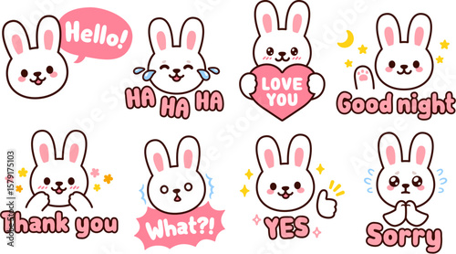Cute cartoon bunny character sticker set. Chat emoji with text messages: Hello, Sorry, Thank you, Love you, etc. Kawaii white rabbit vector illustration.