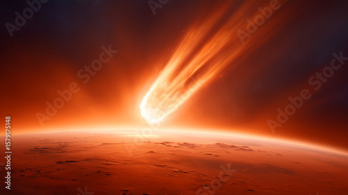 In a dramatic depiction, a fiery object streaks through the Martian atmosphere during colonisation efforts. Base construction and plant growth are ongoing as exploration expands