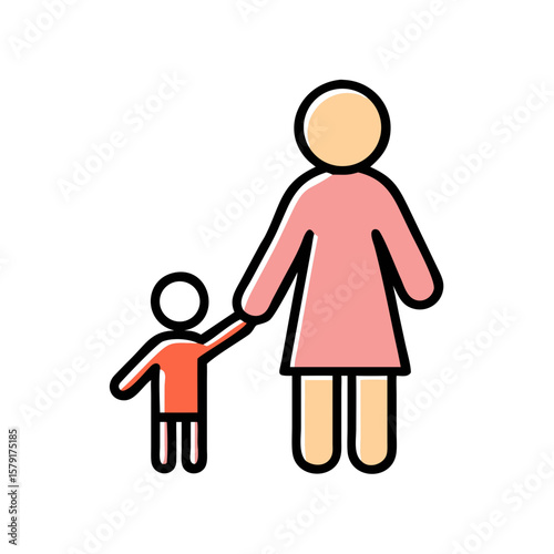 Stylized Vector Illustration of a Mother Holding the Hand of Her Child