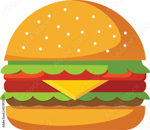 Delicious Double Cheeseburger with Lettuce and Tomato, Flat Design Illustration