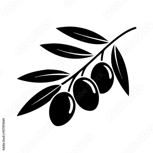 Olive branch with black olives illustration on white background, symbolizing icon, tolerance, equality  