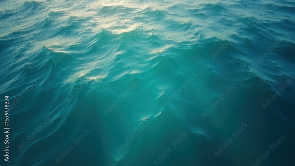 Obraz premium Aerial view of turquoise ocean water with small waves reflecting sunlight on the surface of the sea