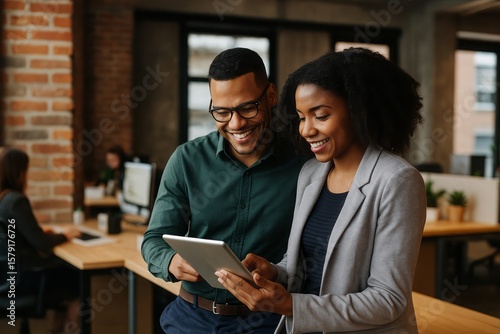 Two Smiling Professionals Collaborating on a Tablet, Sharing Ideas in a Modern Open Office, Demonstrating Teamwork and Innovation Together