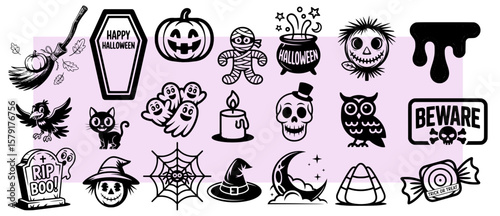 Large Halloween icon collection with various spooky elements, a black and white isolated illustration perfect for holiday party invitations and children's activity books, svg, vector, transparent