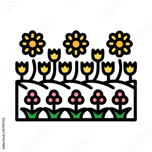 Stylized flower garden with yellow and pink blossoms and green foliage