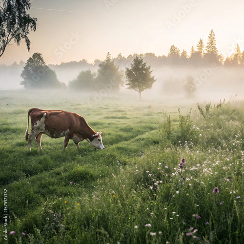 Solitary Cow Grazing in Foggy Morning Meadow | Peaceful Green Farm Landscape with Wildflowers, Trees, and Soft Sunrise Light in Rural Countryside