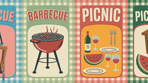 Vintage picnic barbecue food and drink vector