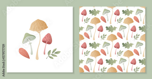 Vector autumn mushroom pattern and matching composition with tender pastel fungi and soft palette leaves. Warm textured illustration for seasonal card, print, textile decor or cozy fall design project