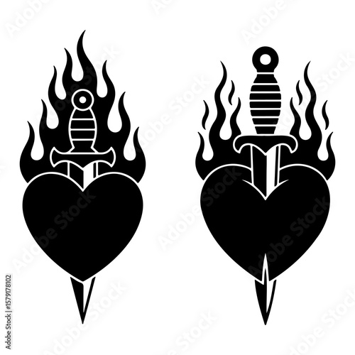 Svg vector silhouette vector art of two flaming heart and dagger tattoo designs on a white background