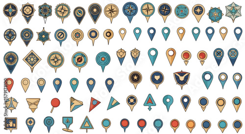 A collection of diverse vintage-style map markers and location pins.
