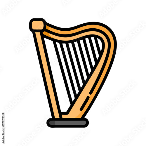 Illustration of a classic goldcolored harp with a dark outline and base
