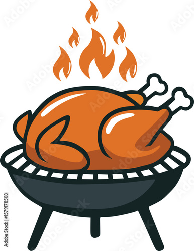 Grilled Chicken on Charcoal Grill Vector Illustration


