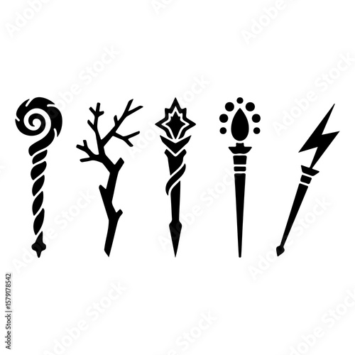 Svg vector silhouette vector art of various magical wands and staffs isolated on white background
