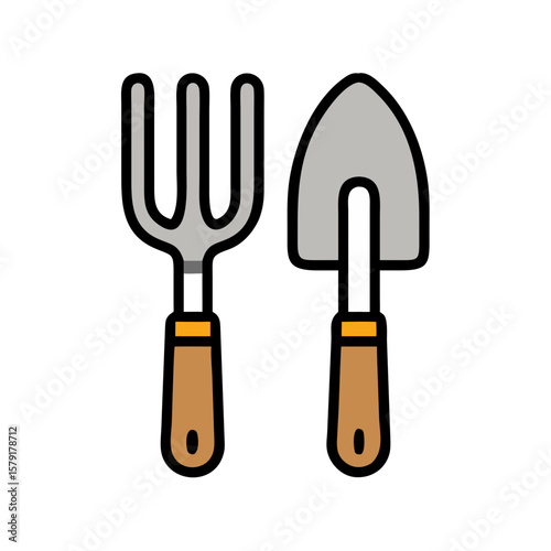 Vector Illustration of Hand Trowel and Cultivator for Gardening, Simple Design