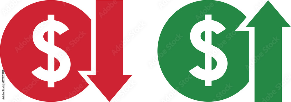 Money increase and decrease icons. Low or high total cost icon. Price, sale, rate or profit going up or down symbol with arrow and dollar sign.