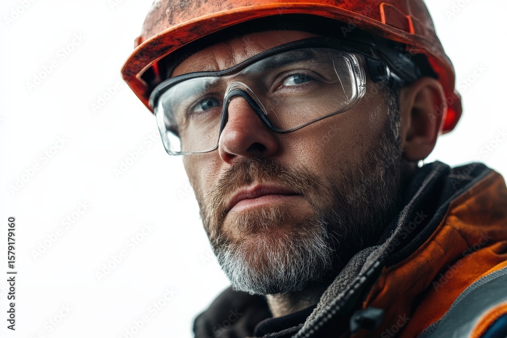 Fototapeta premium Close-up portrait of a serious worker wearing a helmet and goggles. Ideal for construction, industry, safety, and labor themes. Perfect for websites, advertising, and editorial use.