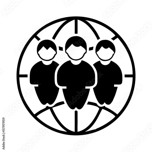 Three people standing together in a globe symbolizing unity, tolerance, equality  