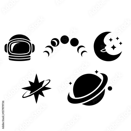 Svg vector silhouette vector art of an astronaut helmet and celestial bodies are isolated on white background