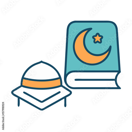 Illustration of the Quran and a Muslim Prayer Cap against a white background