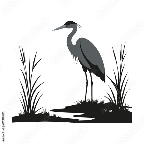 Heron In Morning Mist Standing Still Silhouette