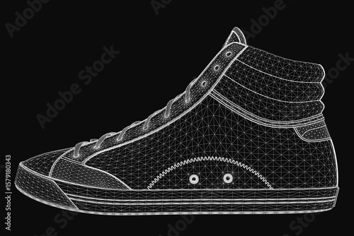 High top sneaker 3D model rendered in wireframe style on a black background. The detailed mesh structure highlights the shoe's realistic design and modern aesthetic. Perfect for fashion, tech.
