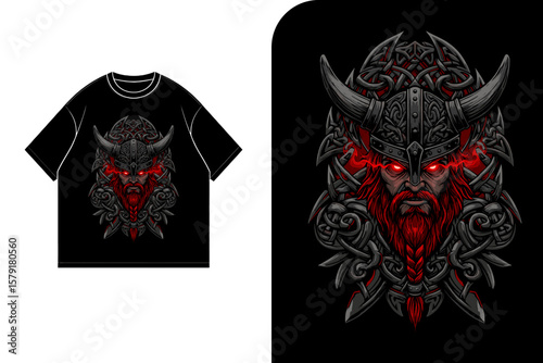 Dark, stylized Viking warrior graphic design printed on a black t-shirt.