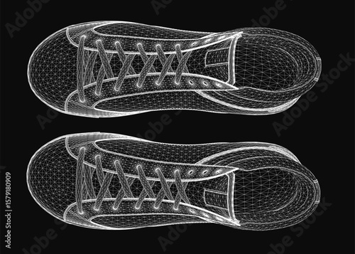 Wireframe sneakers rendered in 3D on a black background showcase realistic details. Visible elements include laces, tongue, and heel for a sleek design.