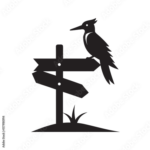 Woodpecker Standing On Forest Signpost