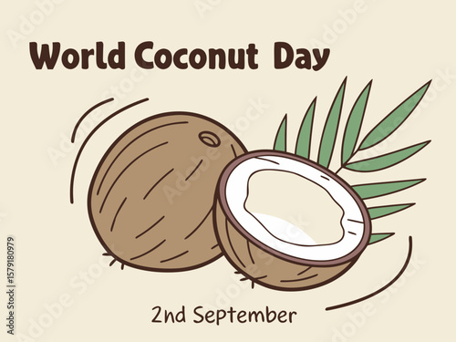 Celebration of World Coconut Day on 2nd September with Whole and Half Coconuts cartoon