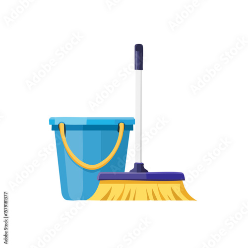 Bucket and Broom Cleaning Isolated on a Transparent Background