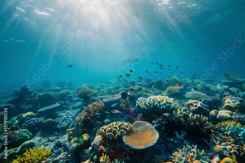 Tropical fish swimming over a colorful coral reef in clear blue water  illuminated by bright sunlight