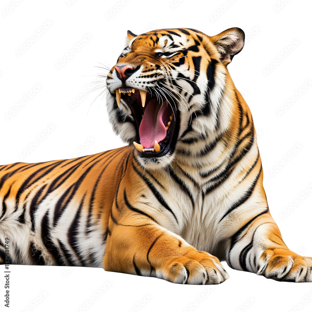 Obraz premium A majestic tiger roaring with its mouth wide open, showcasing its powerful teeth and striped fur, isolated on a transparent background