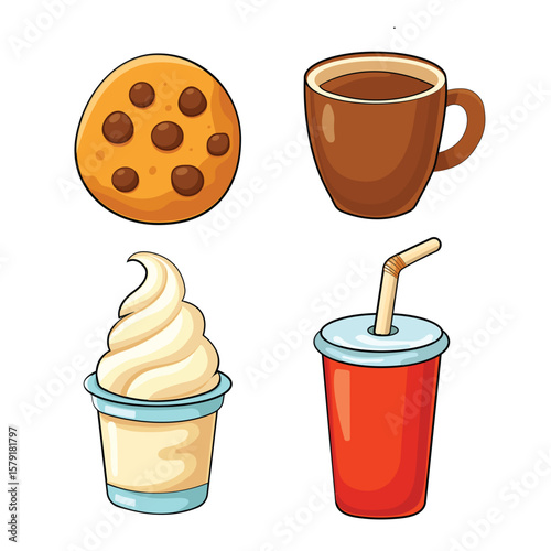 Fast food: cookie, ice cream, coffee, coke vector illustration in flat style