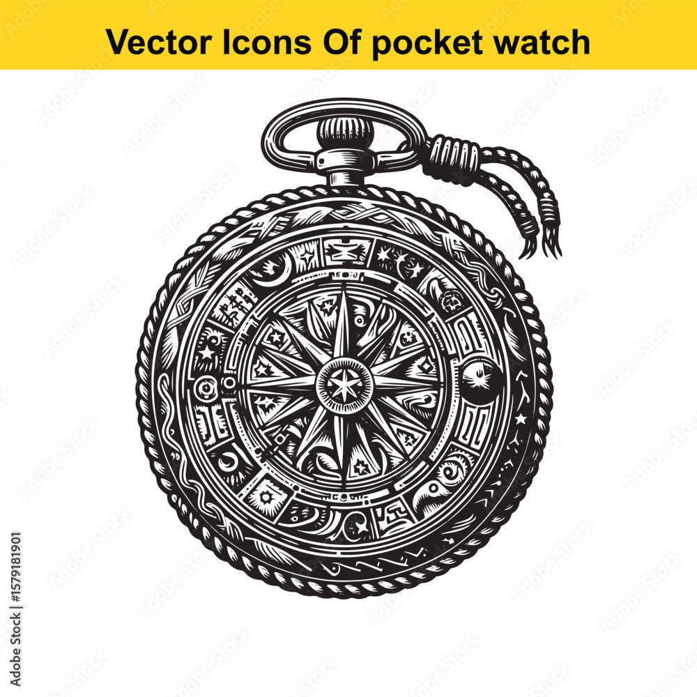 Fototapeta premium Western Pocket Watch – Vintage Line Art Vector in Classic Cowboy Style