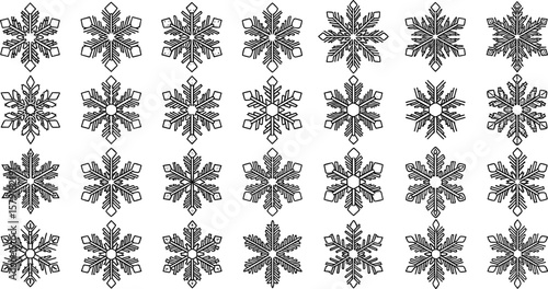 Snowflake line icon set. Vector pictograms of diamond shapes, hearts, spiderweb-inspired elements, thin linear illustration for Christmas and New Year