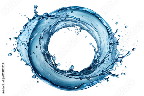 A dynamic circular splash of clear blue water creating a mesmerizing ring isolated on transparent background