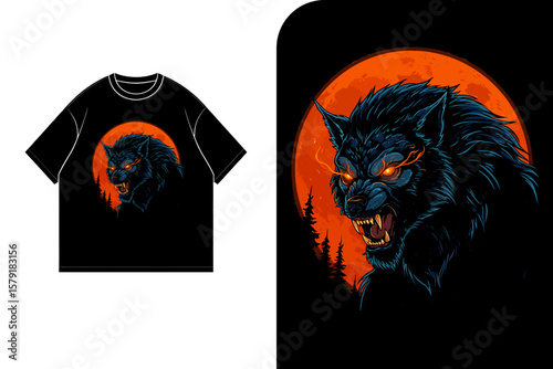 A black t-shirt design featuring a menacing werewolf against a blood-red moon.