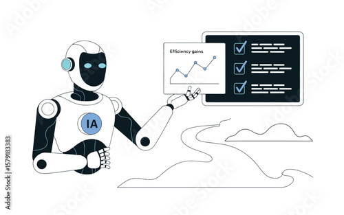 AI Robot Reviewing Analytics with Checklist Interface, Cloud Computing Symbol, Data Visualization Elements, Task Management Concept, Digital Organization, and Automation Technology Illustration.