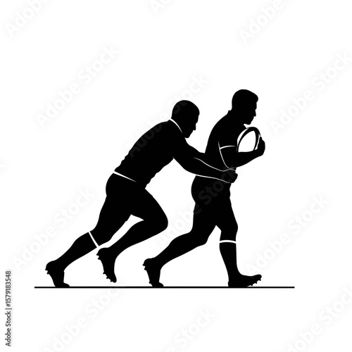 Dynamic Rugby Showdown: A striking silhouette of two athletes locked in the heat of a rugby match, with one charging forward, ball in hand, and the other fiercely pursuing.