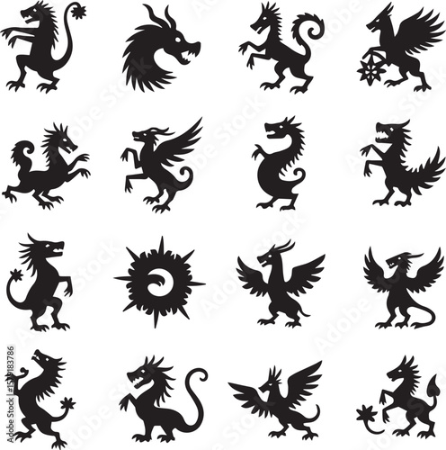 Collection of black silhouette mythical dragon and griffin heraldic symbols on white background