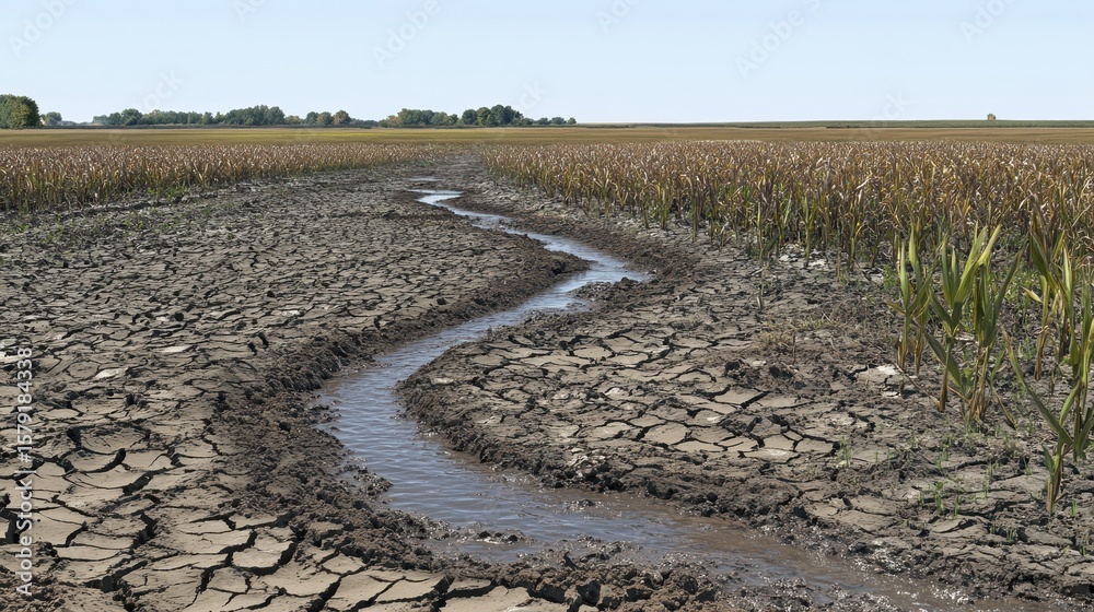 Fototapeta premium Dry Riverbed Surrounded by Parched Agricultural Fields and Cracked Soil