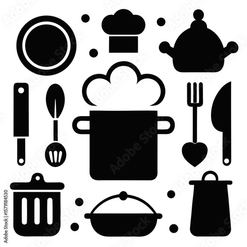 Culinary Silhouette: An elegant black and white illustration showcasing essential kitchen utensils and cookware, perfect for culinary-themed projects.