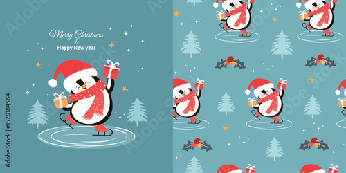 Winter, holiday children background and seamless pattern with funny penguin skating with gifts. Vector design for fabric, wallpaper, wrapping paper and more.