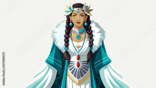 Very beautiful white background portrait The Navajo ceremonial dress features a long velvet gown with turquoise jewelry and silver conchos, beautifully reflecting Indigenous heritage and culture, idea