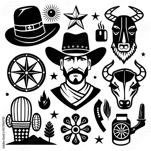 Western Iconography: A monochrome vector art array featuring a cowboy, steer skull, and various Western symbols evoking the spirit of the frontier